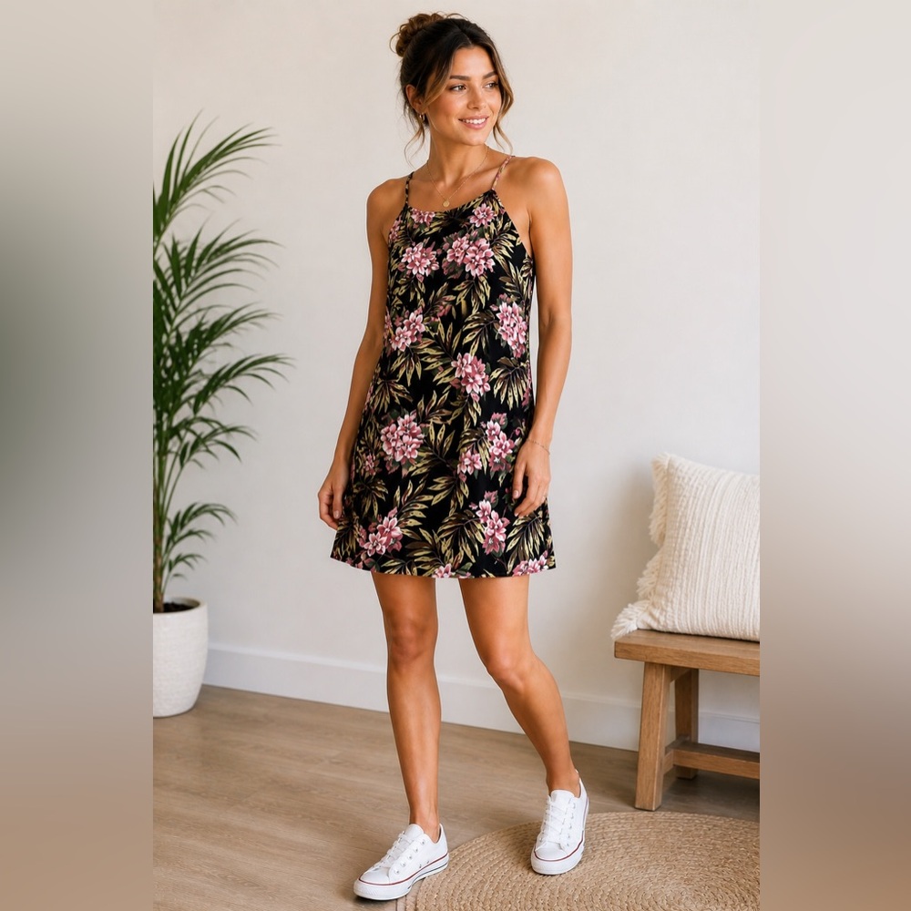 Simply Noelle Black Tropical Floral Mini Dress with Pink Flowers